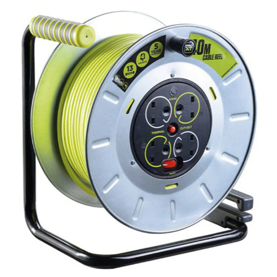 MASTERPLUG 30M Metal Open Reel 4 Sockets, Switch + LED, 13A Fused (Size: XL)