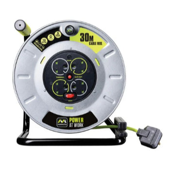 MASTERPLUG 30M Metal Open Reel 4 Sockets, Switch + LED, 13A Fused (Size: XL)