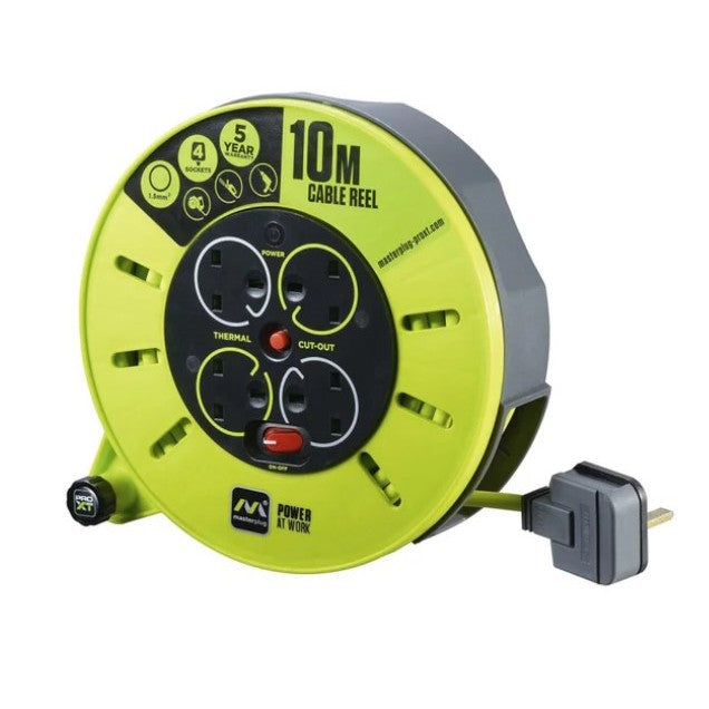 MASTERPLUG 10M Cassette Reel 4 Sockets, Switch + LED, 13A Fused (Size: S)
