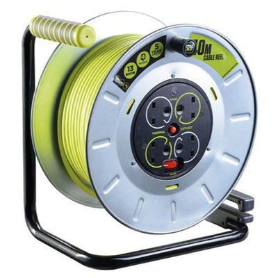 MASTERPLUG 30M Metal Open Reel 4 Sockets, Switch + LED, 13A Fused (Size: XL)